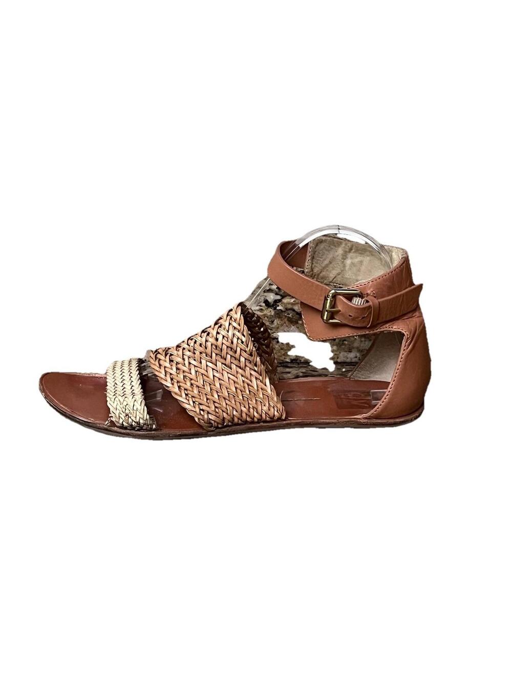 Dolce Vita Brown Leather Woven Sandals Womens 8 Ankle Strap Boho Coastal Flat